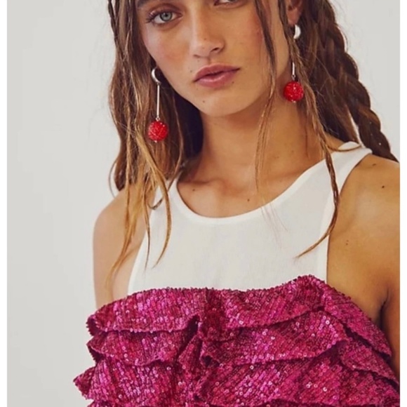 NWT Free People Frida Ruffle Mini Dress Pink Magenta Sequin - Picture 2 of 8